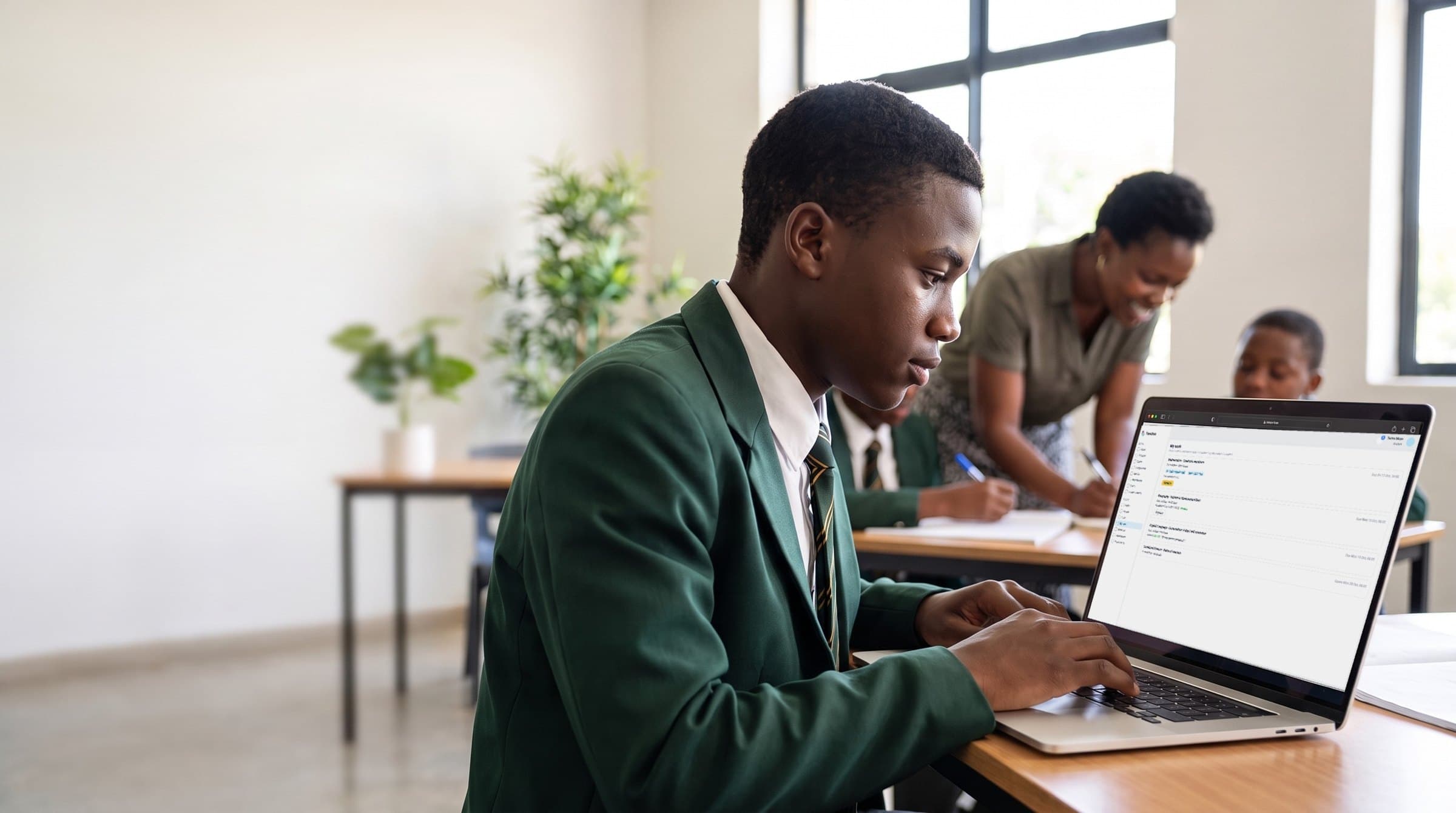 A Form 4 pupil in a green blazer works on his assignments in Tendao while a teacher helps two classmates behind him