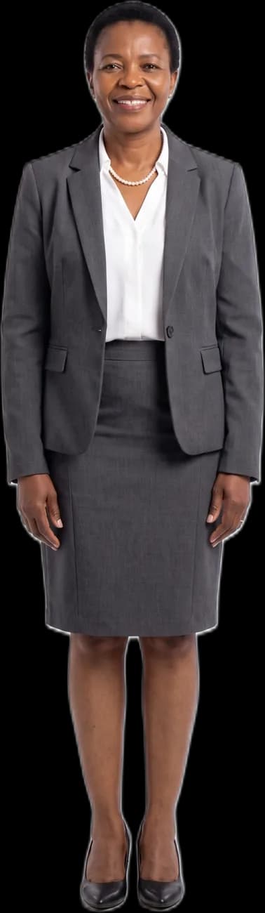 A headmistress in a charcoal suit