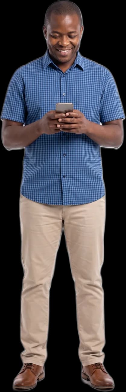 A father in a checked shirt smiling at his phone